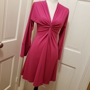 Moda International Women's Pink V-Neck Long Sleeve A-Line Pleated Dress …